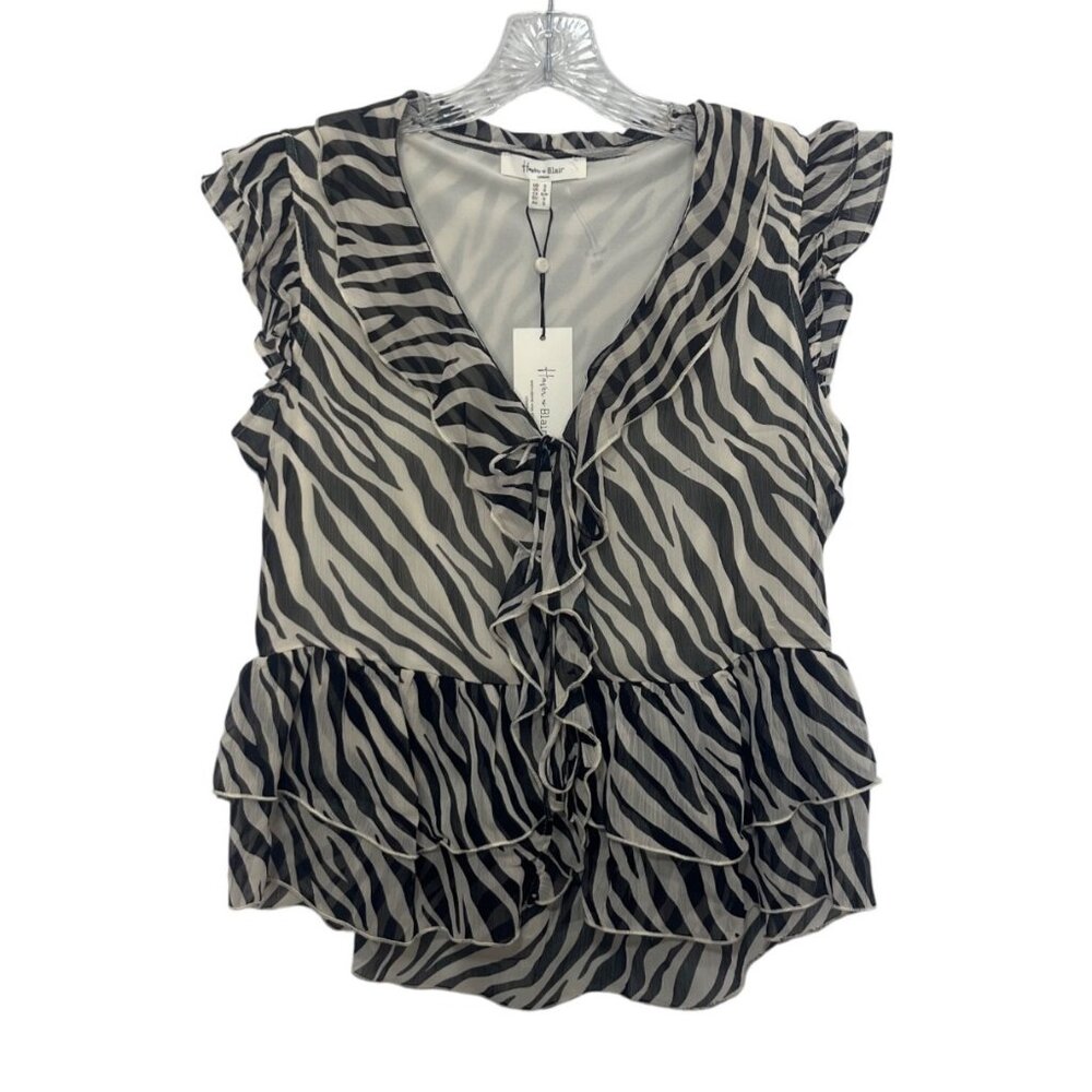 Haver & Blair Zebra Print Blouse Sleeveless Ruffle‎ Small Black White New